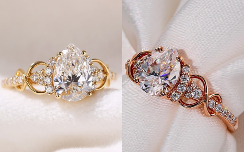 lab diamond ring (left) & moissanite ring (right)
